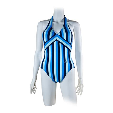 Fashion Care U S Blue Stripes Halter One Piece Swimsuit Swimwear L