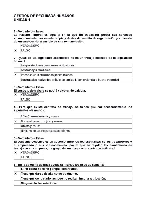 Test De Repaso Rrhh Unidad 1 GestiÓn De Recursos Humanos Unidad 1 1