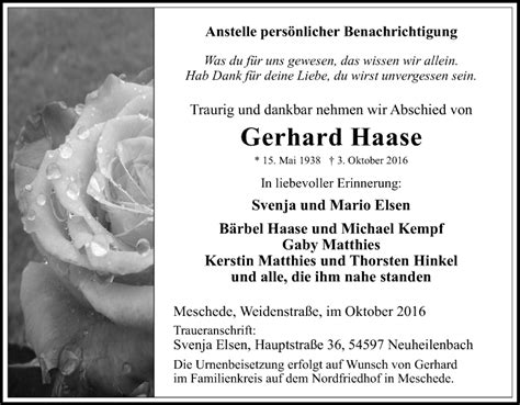 Traueranzeigen Von Gerhard Haase Trauer In NRW De