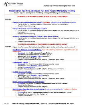 Fillable Online Checklist For Bnew Hireb Adjunct Or Full Time Faculty