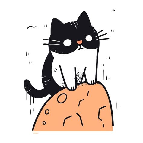 Un lindo gato blanco y negro sentado en una roca ilustración vectorial