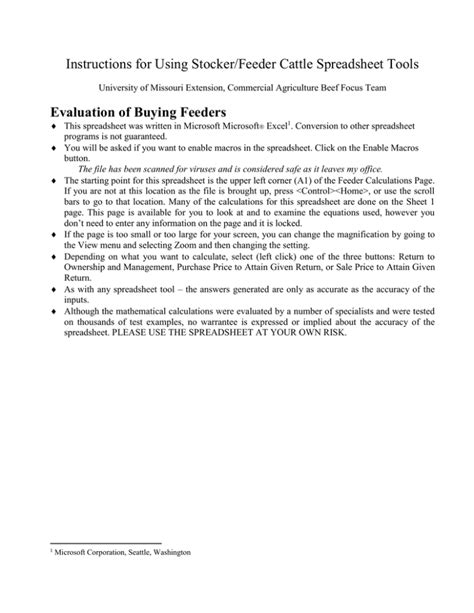 Instructions For Using Stocker Feeder Cattle Spreadsheet Tools