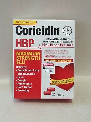 1× Coricidin HBP High Blood Pressure MAXIMUM STRENGTH FLU, 20 Tablets ...