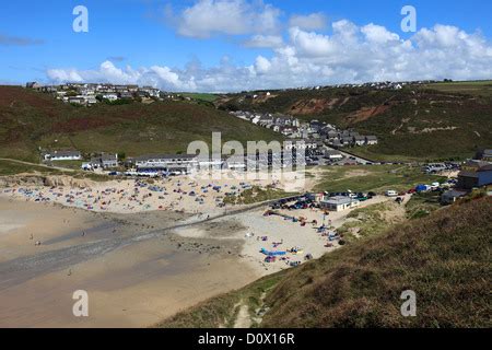 View of the surfing beach, Porthtowan village, Cornwall, England, UK ...