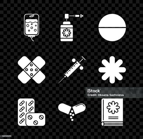 설정 Iv 가방 노즐 스프레이 와 의료 병 약 알 약 또는 태블릿 알 약 물집 팩 책 교차 붕대 석고와 주사기 아이콘 벡터