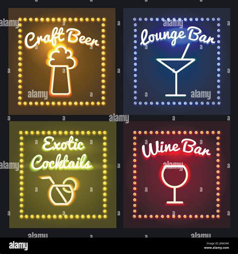 Set Of Glowing Bar Neon Signs With Shining And Glowing Neon Effects