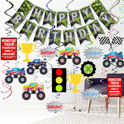 Monster Truck Party Decorations, Monster Truck Happy Birthday Banner ...