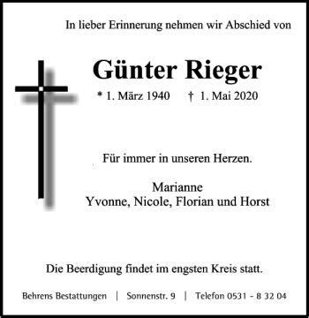 Traueranzeigen Von G Nter Rieger Trauer De