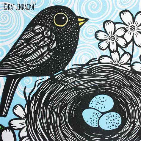 This Blackbird And Its Nest And 3 Eggs Is An Original 3 Colour Linocut