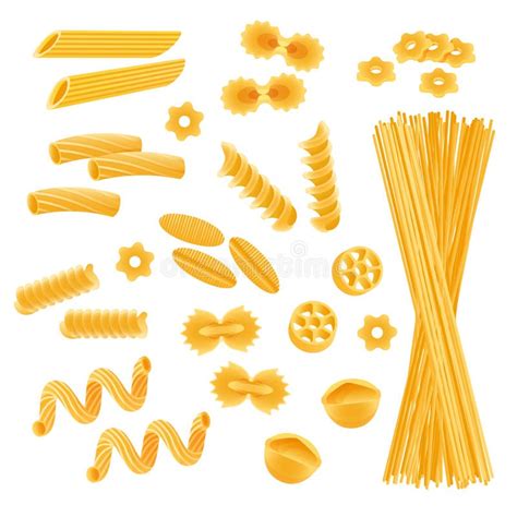 Pasta Set Isolated On White Different Kinds Of Macaroni And Spaghetti Uncooked Vector