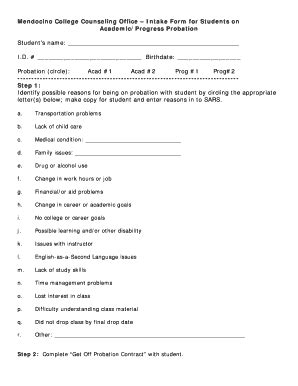 Fillable Online Mendocino Intake Form For Students On Academic Progress