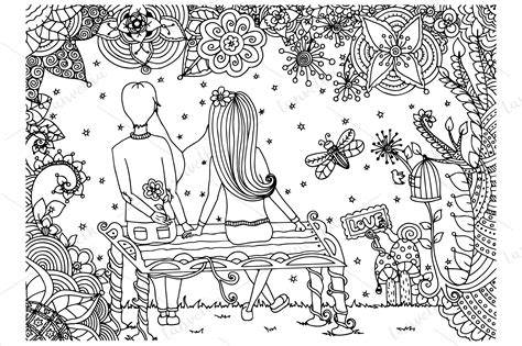 Doodle Couple In Love On Bench Pre Designed Illustrator Graphics