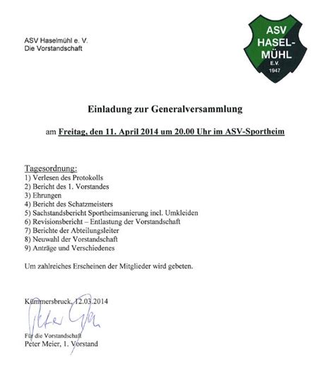 Einladung zur Generalversammlung 2014 ASV Haselmühl