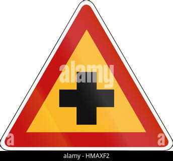 Korean Traffic Safety Sign Attention T Type Cross Road Stock Photo