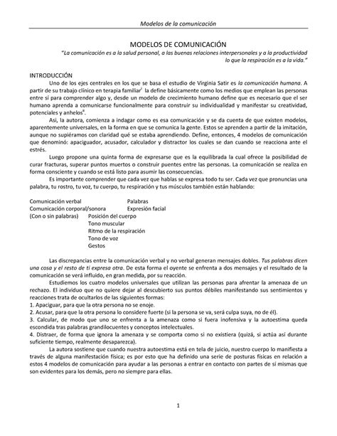Modelos DE Comunicacion Virginia Satir MODELOS DE COMUNICACIN