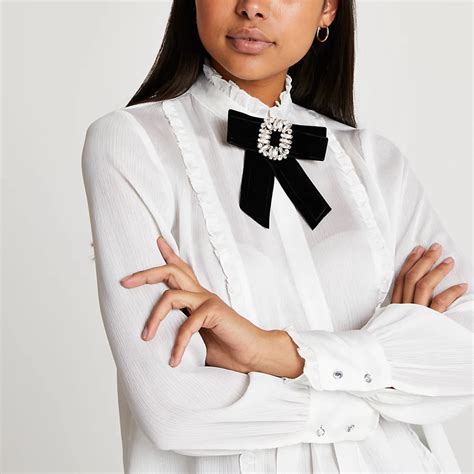 White Bow Brooch Collared Blouse Top River Island Blouses For Women