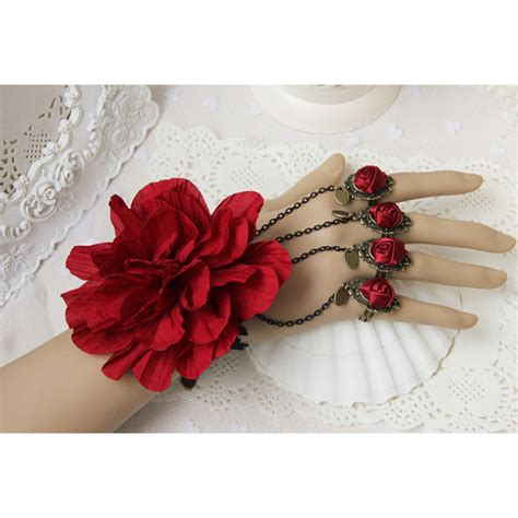 Victorian Gothic Lace Wristband Flower Bracelet With Red Rose Rings J