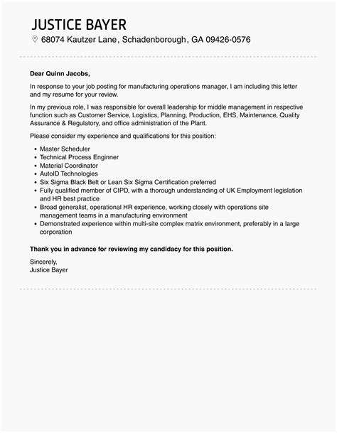 Manufacturing Operations Manager Cover Letter Velvet Jobs