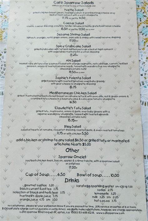 Menu at Café Sparrow restaurant, Aptos