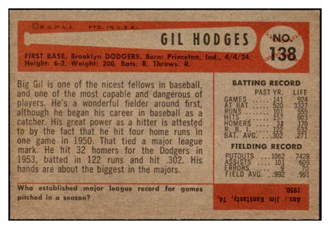 1954 BOWMAN 138 GIL HODGES DODGERS EX MT SET BREAK 501669 KYCARDS EBay