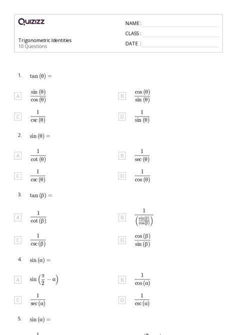 50 Trigonometric Identities Worksheets For 10th Class On Quizizz