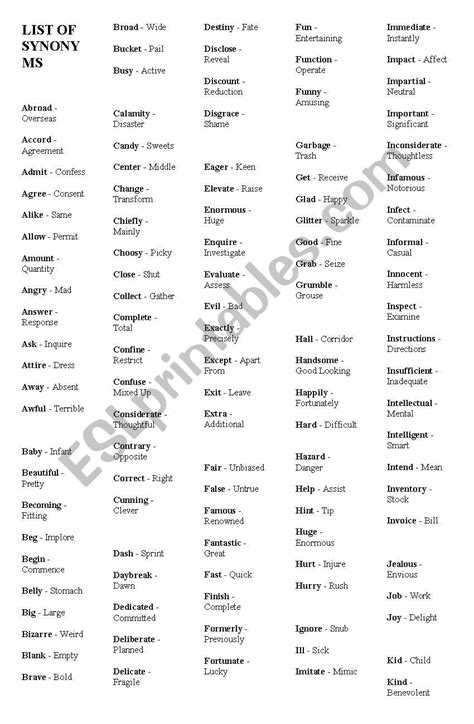 List Of Synonym ESL Worksheet By Mewah