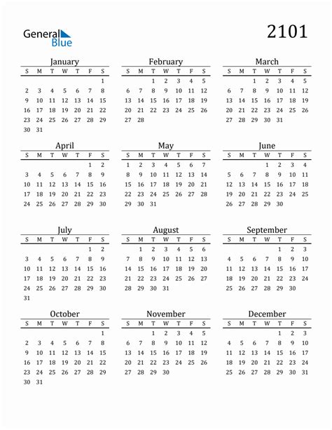 Year 2101 Free Printable 12-Month Calendar