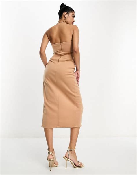 Asos Design Cupped Bandeau Manipulated Pleat Midi Pencil Dress In