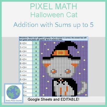 Pixel Art Math Halloween Witch Cat Addition With Sums Up To