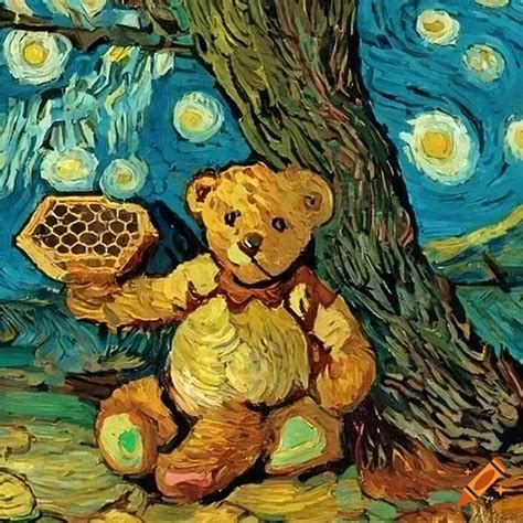 Adorable Teddy Bear With Honeycomb Next To A Tree In A Painting By