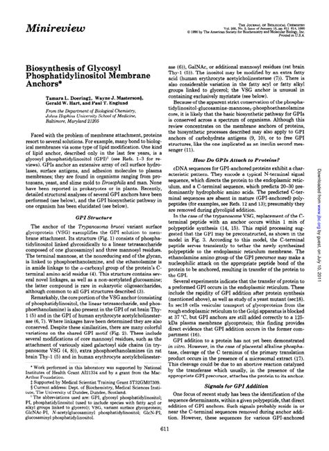 Pdf Biosynthesis Of Glycosyl Phosphatidylinositol Membrane Anchors