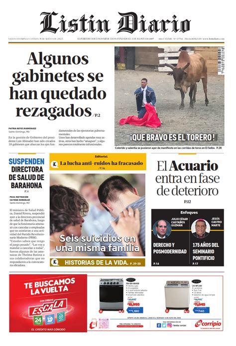 Portada Periódico Listín Diario Lunes 08 Mayo 2023 Dominicanado