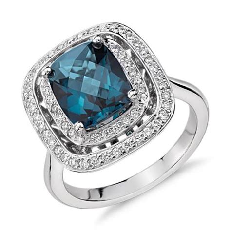 London Blue Topaz and Diamond Double Row Halo Cushion-Cut Ring in 14k ...