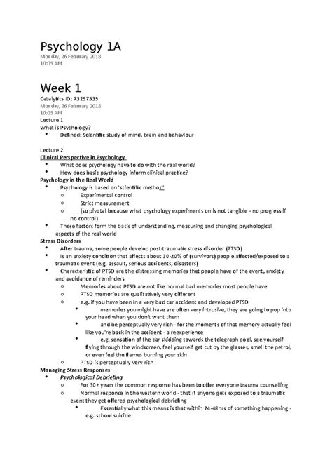 Psych 1001 Week 1 2 Lectures 1 6 Psychology 1a Monday 26 February