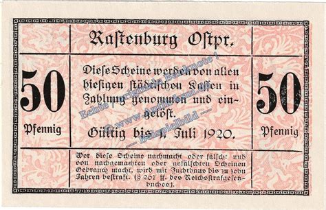 Notgeld De Pf Rastenburg Notgeld Pfennig Schein In Kfr Tieste