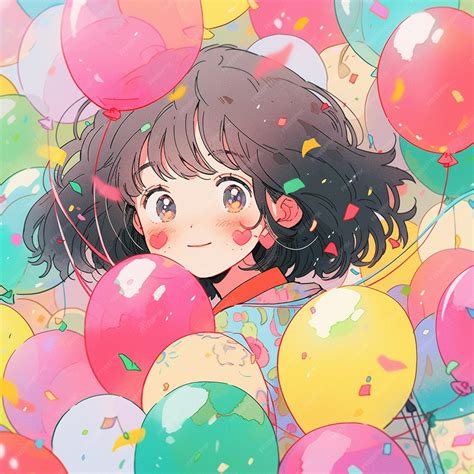 Premium Photo | Anime girl surrounded by balloons and confetti ...