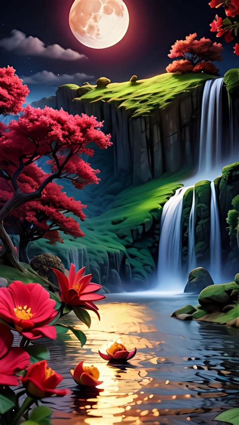 Beautiful Nature Wallpaper with Red Flowers and Green Trees