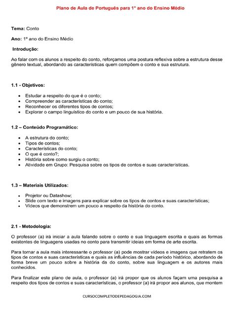 Conteúdo Do 1 Ano Do Ensino Médio Português - Plano de Aula de Portugues para 1° Ano Do Ensino Medio | PDF