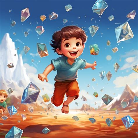 Premium Photo Cartoon Boy Running Through A Field Of Diamonds