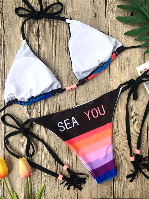 Sexy String Bikini Rainbow Stripe Printed Triangle Bikini Beach