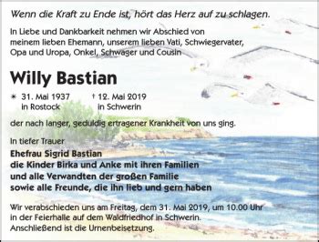 Traueranzeigen Von Willy Bastian Trauer Nordkurier