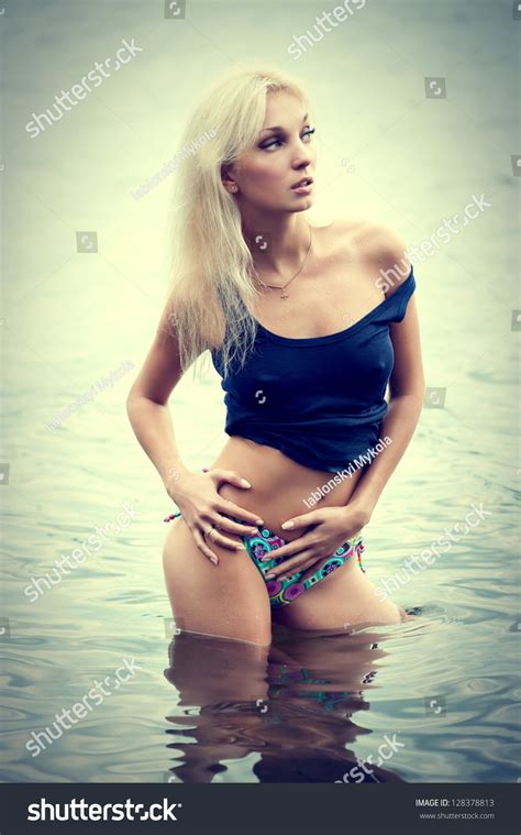 Sexy Blonde Woman Water Wearing Bikini Stock Photo 128378813 Shutterstock