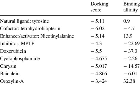 Docking Score And Binding Affinity Of Various Ligands To Tyrosine