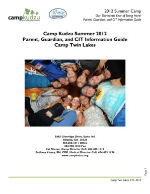 Fillable Online Campkudzu Parents Guide Camp Twin Lakes Cit Packet