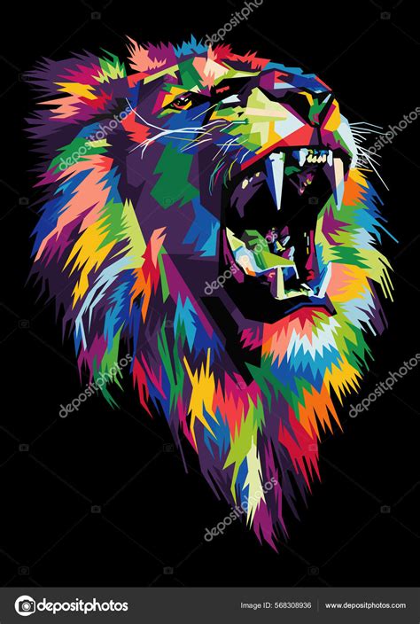 Colorful Lion Head Pop Art Style Isolated Black Backround Stock Vector