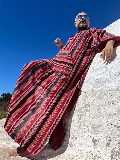 Mens Kaftan Cotton Caftan For Men Greek Kaftan Robes For Men Red Striped Long Tunic