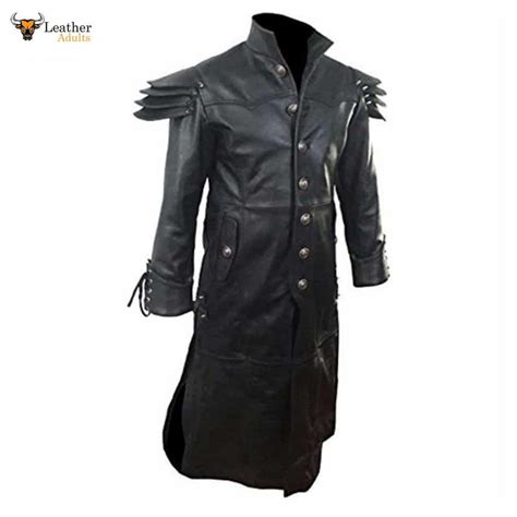 Mens Real Black Leather Goth Matrix Trench Coat Steampunk Gothic T24 Ksk Leather