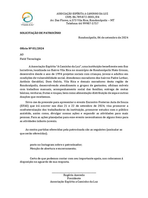 Solicitação De - Solicitação de Patrocínio para Evento Espírita | PDF