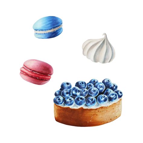 Premium Photo Watercolor Composition With Macaron Meringue Blueberry