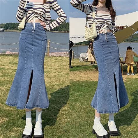 Jual Rok Midi A Line Denim Korea Style Wanita Denim Highwaist Rok Jeans